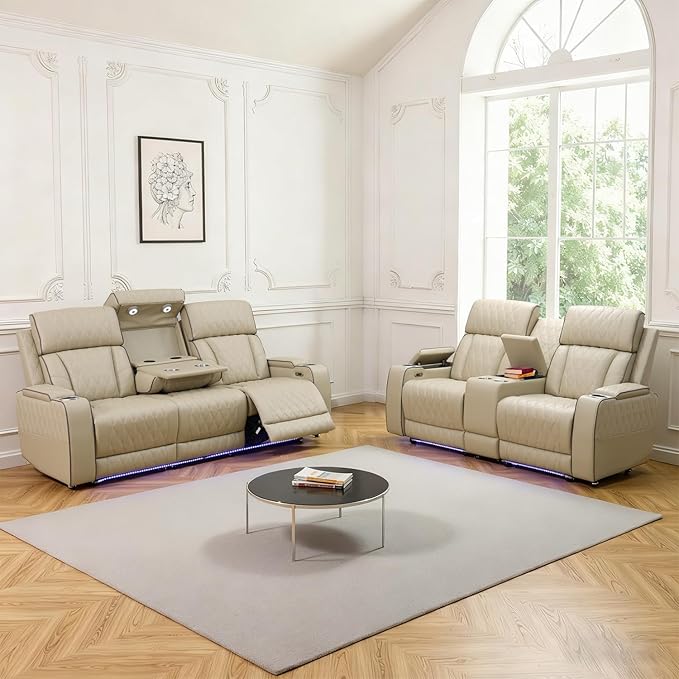 Caberryne Power Recliner Sofa Set with LED Lights,Leather Reclining Couch and Loveseat Set with USB Port/Coffee Table/Cup Holder,Living Room Set with 4 Recliner Seats for House(2 Piece Set,Paddy)