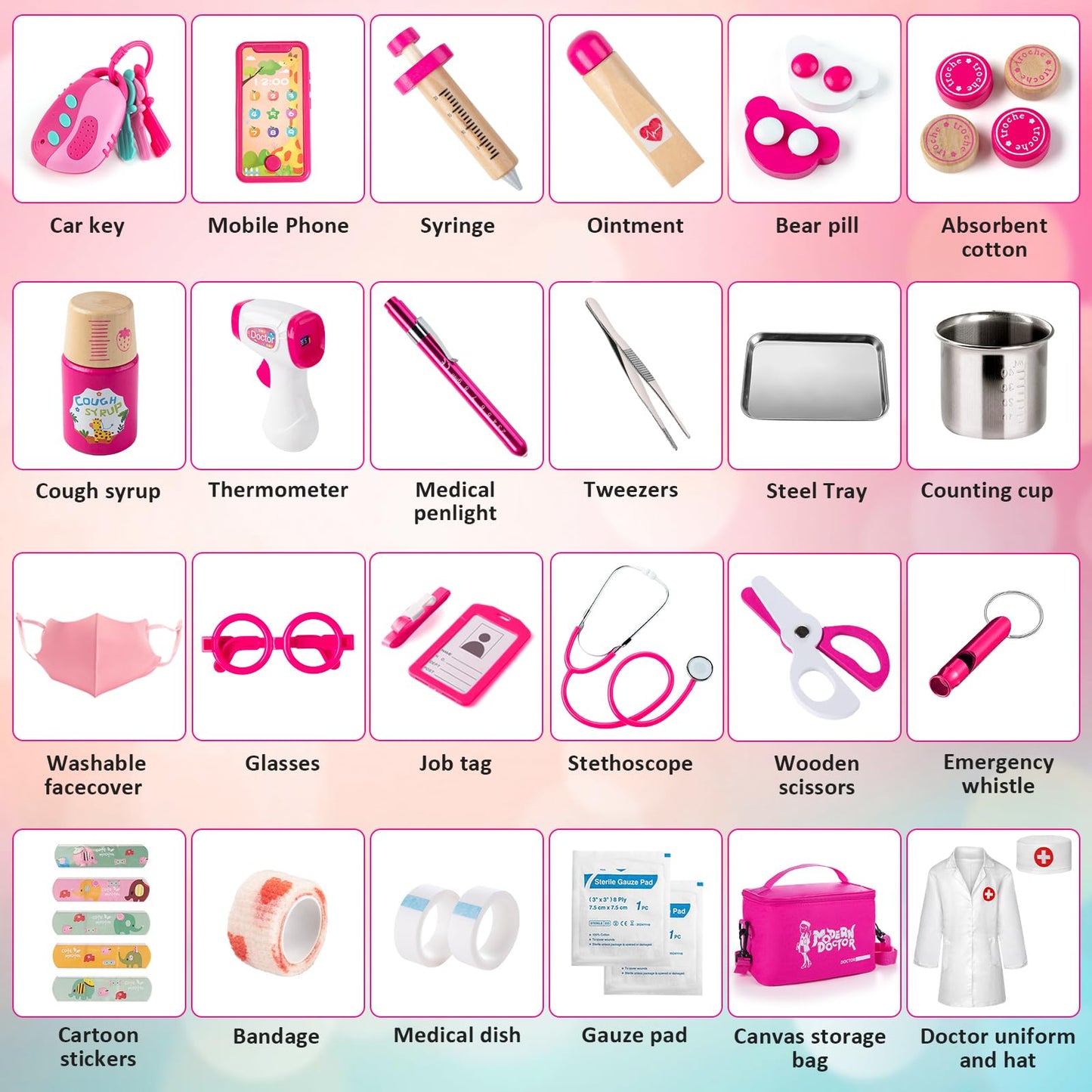Sundaymot Doctor Kit for Girls, 34 Pcs Pretend Play Doctor Set，Doctor kit for Toddlers 3-5, with Medical Bag, Stethoscope and Other Accessories Doctor Play Gift for Kids Toddlers Role Play