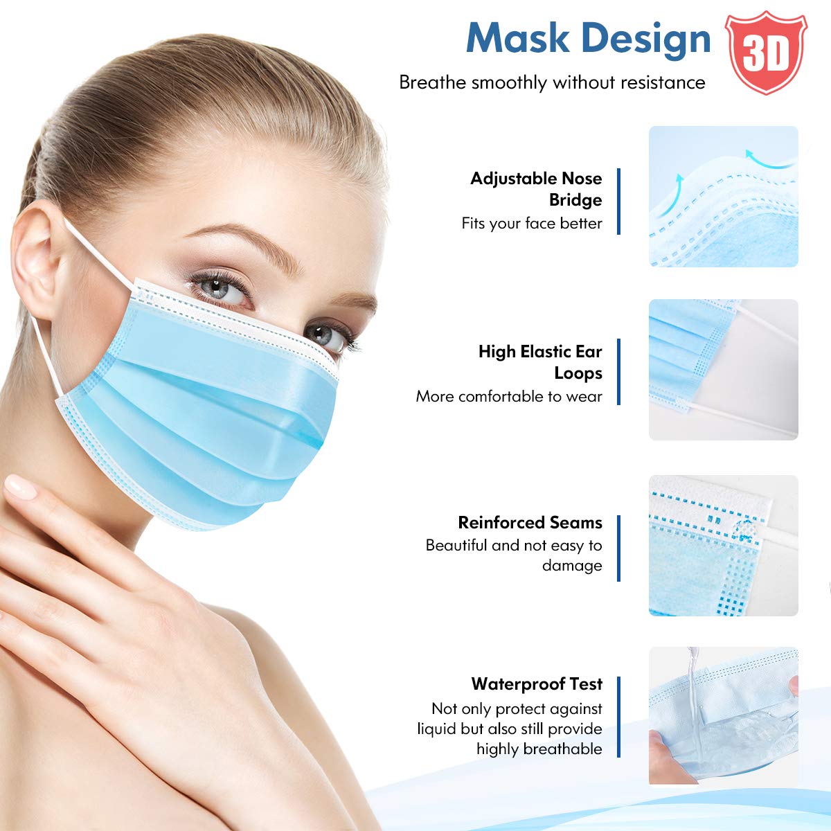 Disposable Face Mask Adult Blue Breathable Mask with Nose Clip Ear Loop 100 Pack