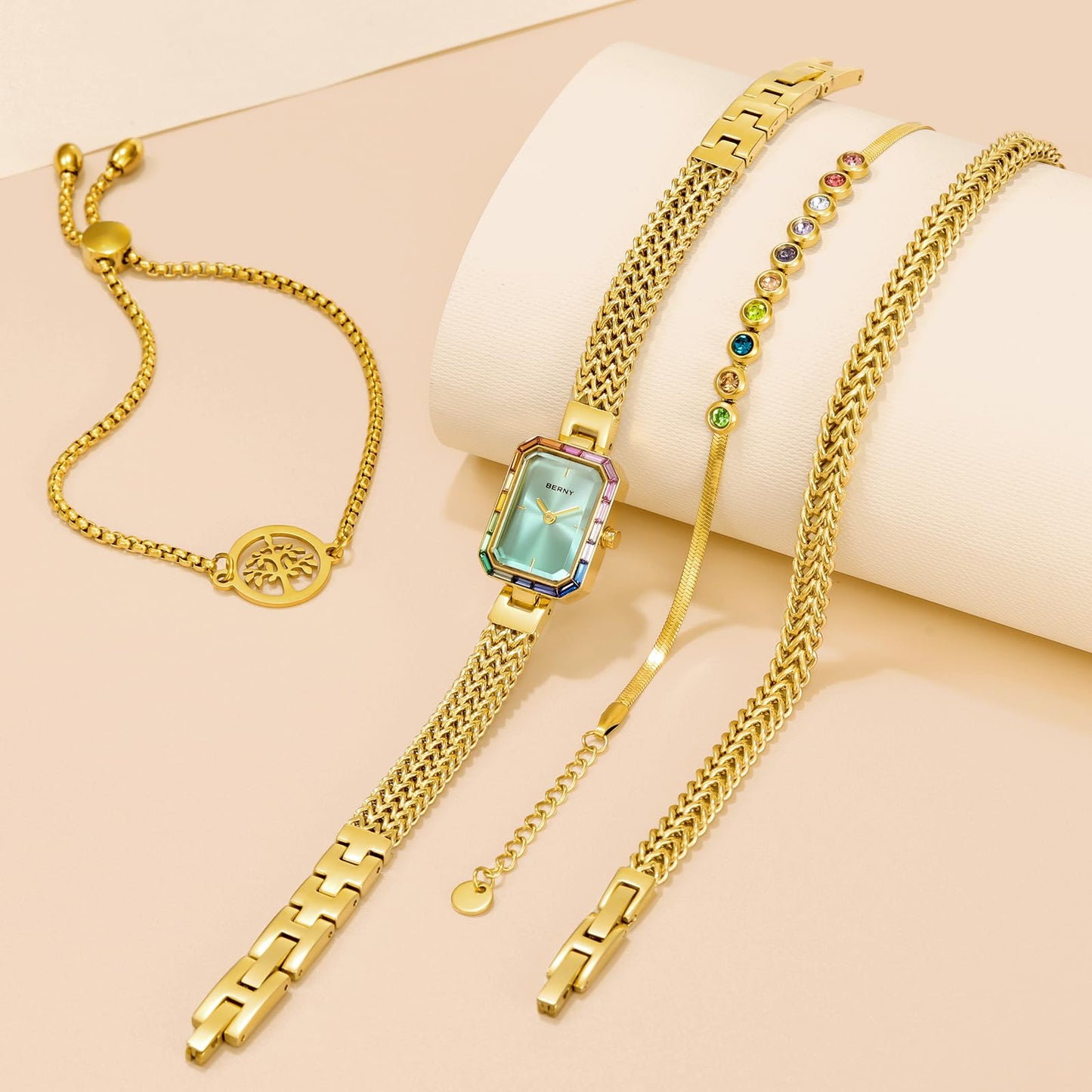 BERNY Gold Watches for Women Dainty Quartz Bracelet Watch Ladies Wrist Watch and Bracelet Set Coloured Stones Accented Fashion Luxury Birthday Gifts for Women-Glacier Blue Dial