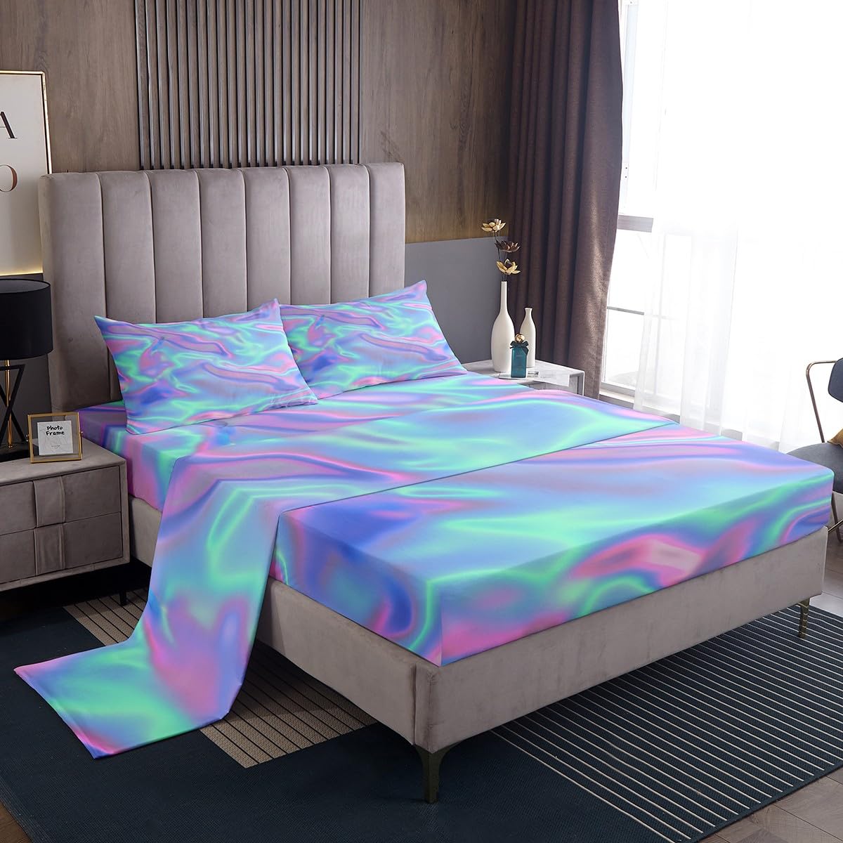 Tie Dye Bed Sheets Queen, Colorful Print Sheet Set, Psychedelic Luxury Soft Lightweight Bedding Set, Green Purple Home Decor Fitted Sheet with Deep Pocket, 1 Flat Sheet, 1 Fitted Sheet, 2 Pillowcases