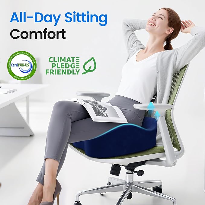 SofterCharm Seat Cushion with Carry Handle, Memory Foam for Tailbone/Sciatica Easing, Chair Cushions for Cars, Desks, Office Chair Cushion with Non-Slip Design, Ideal for Post-Surgery Recovery (Blue)