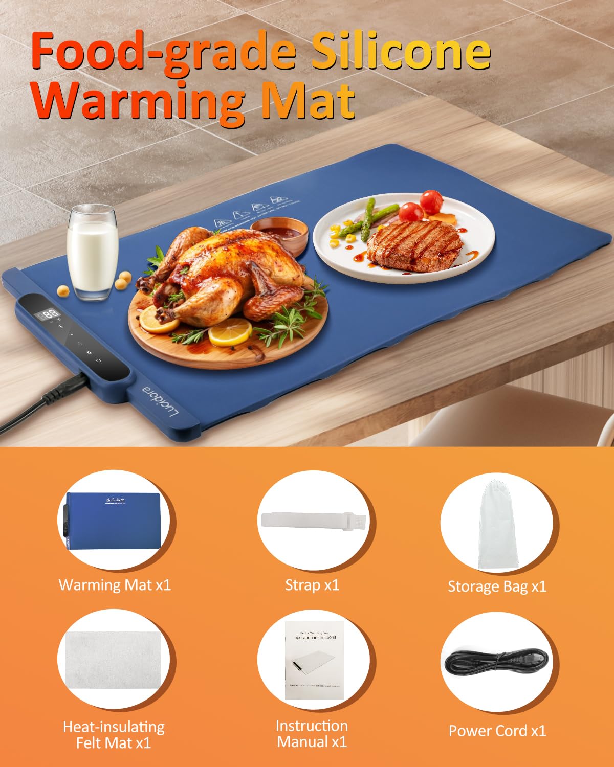 Lucidora Food Warming Mat, Electric Rollable Food Warmer 10 Levels Temperature & 10-Hour Timer Large Warming Tray with Child Lock for Parties & Buffet, Extra-Long 6.5ft Cord, Navy Blue