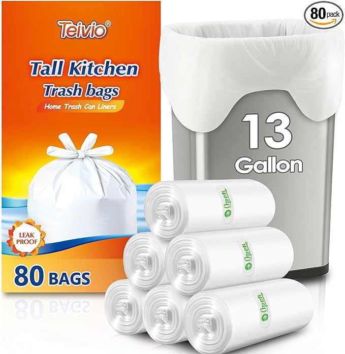 13 Gallon Strong Tie-Top Tall Kitchen Trash Bags 80 Count, fit 50 Liter Large Waste Basket, Unscented Plastic Garbage Bags Can Liners for Home Office Kitchen Bathroom Bedroom, White