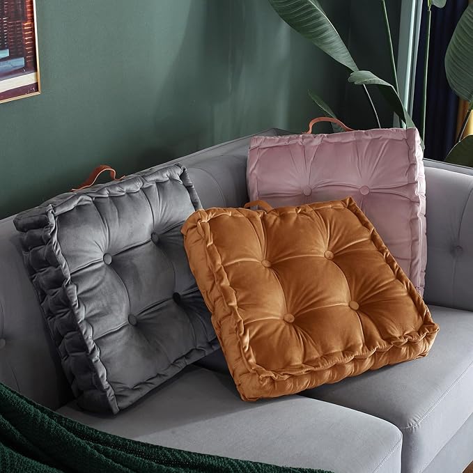 vctops Fall Square Solid Color Velvet Seat Cushion with Handle Tufted Thicken Chair Pad Tatami Floor Pillow Cushion 16.5"x16.5"x4" Dark Orange