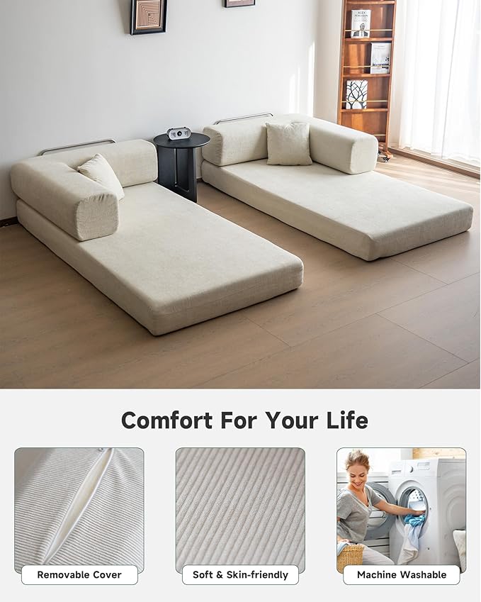 No Assembly Convertible Sofa Bed & 79" Boneless Couch with Pocket , 5-in-1 Futon Sofa Bed with 2 Pillows Modular Pull Out Couch Bed with Frame,Compression in Box for Living Room Small Spaces Beige