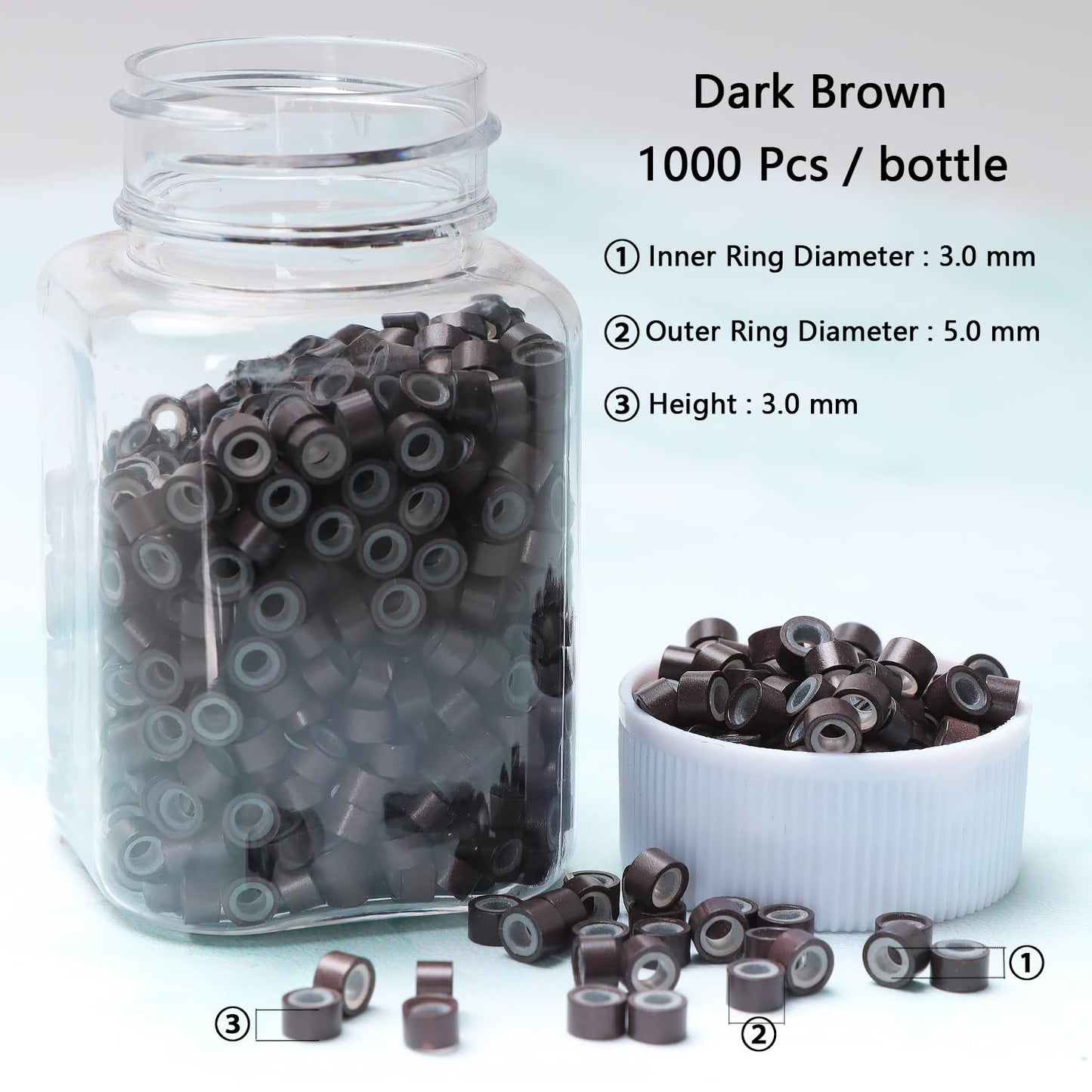 NIACONN 1000pcs 5 mm Tinsel Hair Extensions Beads, Silicone Lined Ring Micro Link I-tip Beads for Hair Extension - Dark Brown