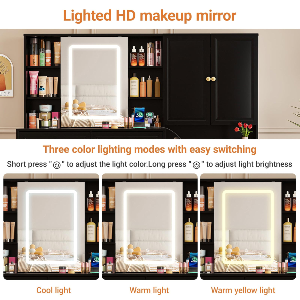 Vabches 58.6" Large Vanity Desk with Sliding Mirror & Lights, Black Makeup Vanity Table & Nightstand Combo with Power Outlet and 6 Drawers 15 Shelves with Light Strips for Bedroom Dressing Room