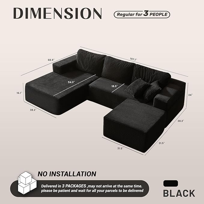 Afuson 107" Boneless Couch with Deep Seat, Modular Sectional Sofa, Cloud Sectional Couch for Living Room, No Assembly Required, Corduroy, U-Shape 3 Seater Left, Black
