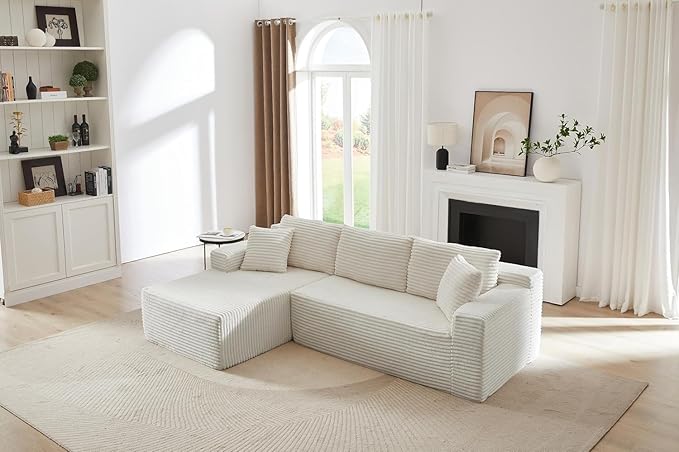 Vanress Cloud Couch Sectional, Corduroy Boneless Couch with L-Shape Chaise, Modern Modular Sectional Sofa Comfy Deep Seat for Living Room, Bedroom, No Assembly (White, Left Facing Chaise)