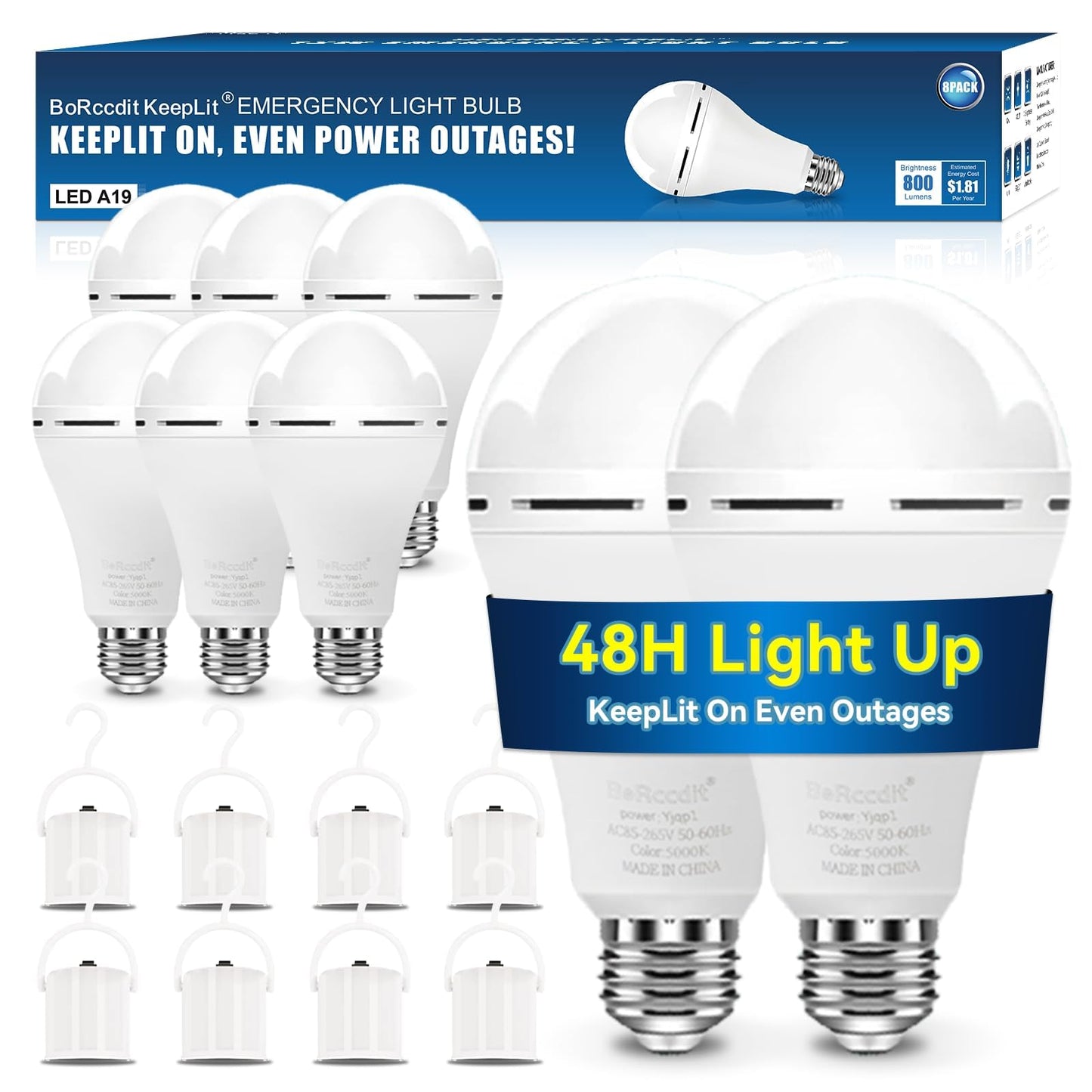 BoRccdit KeepLit 8PK Emergency Rechargeable Light Bulbs, 48H Battery Backup, 3 Brightness Levels, 12W 65W Equivalent A19 LED Bulbs Auto-On During Power Outage, for Hurricane, Emergency Use (Daylight)