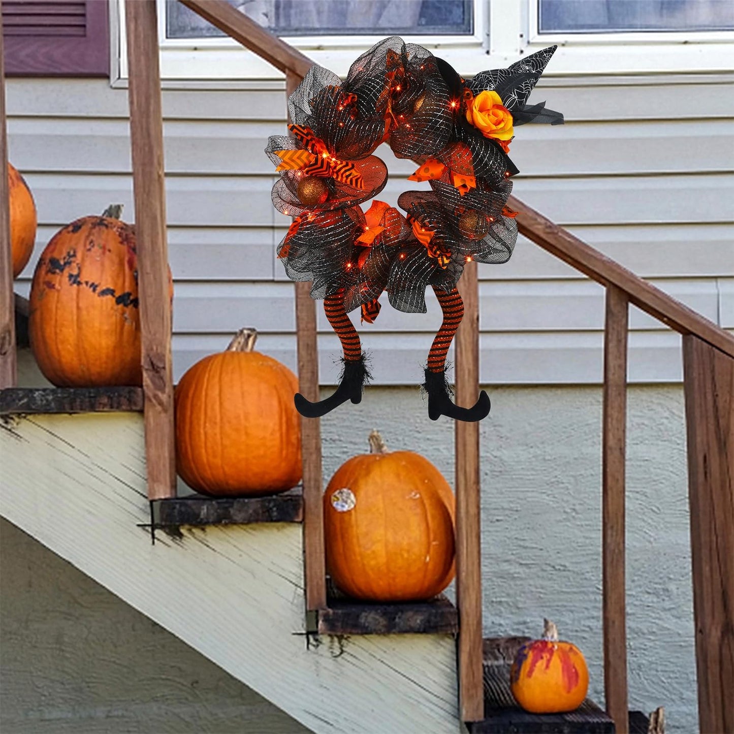 yosager Halloween Wreaths, Halloween Decorations Witch Hat and Legs Wreath, Lighted with 30 LED Orange Lights, Front Door Wall Light up Wreath Ornaments Holiday Party Thanksgiving Decor