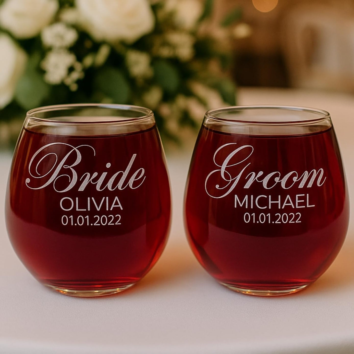 Gifts Inscribed Personalized Mr and Mrs Wine Stemless Glass Set of 2 – Custom Engraved Wedding Stemless Wine Glasses Gift for Couples, Engagement, Birthday, or Anniversary
