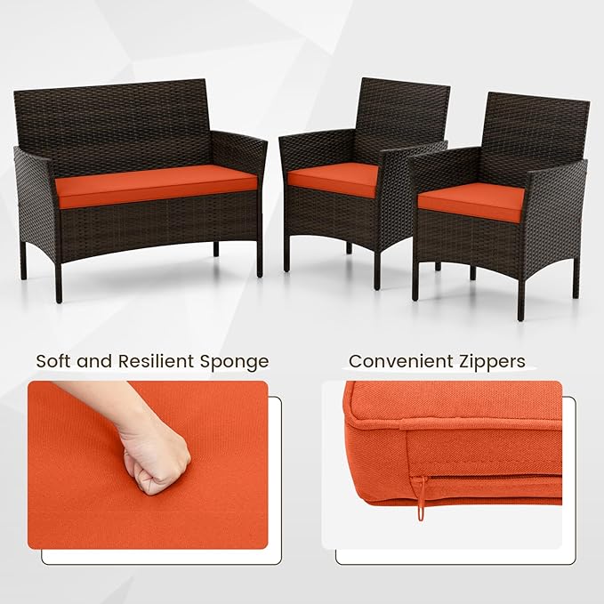 HAPPYGRILL 8 Pieces Outdoor Rattan Conversation Set, Patio Wicker Furniture Set with Loveseat Chairs & Tempered Glass Coffee Table, Outside Sectional Sofa Set for Backyard Garden Poolside, Orange