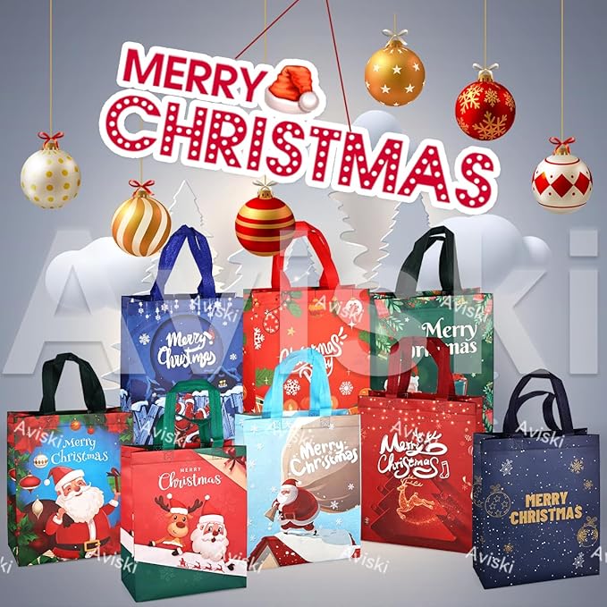 8PCS Christmas Tote Treat Non-Woven Gift Bags with Handles for Gifts Wrapping Shopping, Xmas Party Supplies
