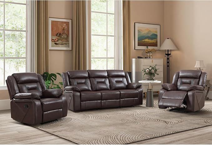 EBELLO Faux Leather Recliner Sofa Furniture Set for Living Room, 2 Recliner Chairs, 3 Seat Recliniing Sofa Couch Set for Meeting Room, Dark Brown