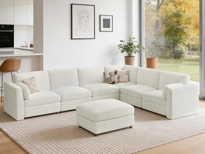 CUGOAO 159'' Modular Sectional Sofa, Oversized L-Shaped Sectional Couch with Ottoman, Deep Seat Chenille Cloud Couch, Mordern Upholstered Couches for Living Room, Apartment, Office, Beige