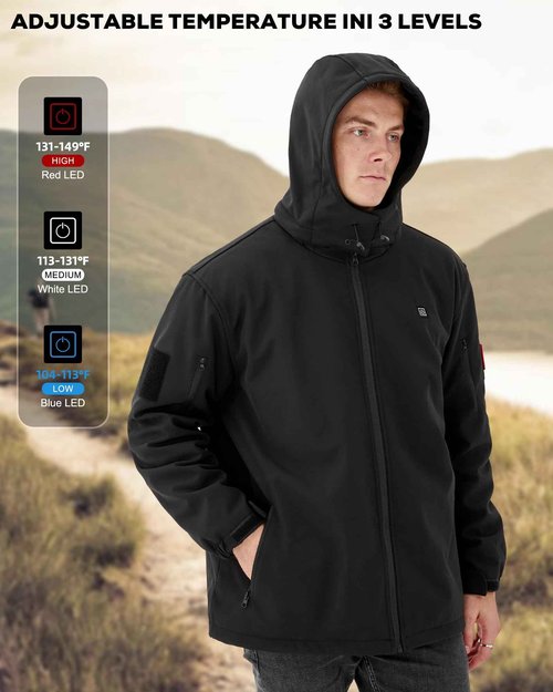 Svanur Heated Jackets for Men with 7.4V Battery Pack Included,Men’s Heated Jacket,Soft Shell Electric Heating Coat,Detachable Hood,3 Heating Levels for Winter outdoor (Large, Black)