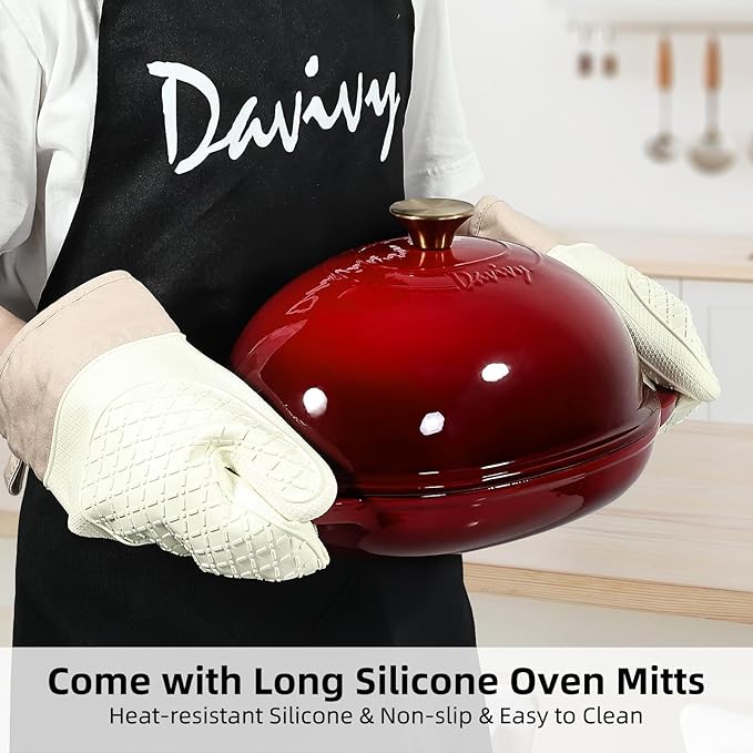 Davivy 6QT Oval Cast Iron Sourdough Dutch Oven with Silicone Oven Mitts, Bread Dutch Oven for Sourdough Bread Baking 6QT, Cast Iron Bread Cloche Loaf Pan with Domed Lid - Ruby Red