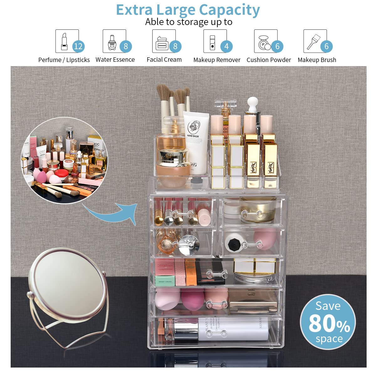 COMVTUPY Clear Makeup Organizer with Brush Holder, Large Acrylic Cosmetic Display Jewelry & Make Up Organizers and Storage for V