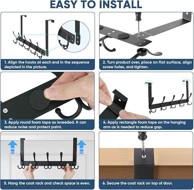 TICONN Over The Door Hooks, 5 Heavy Duty Tri Coat Rack All Metal Coat Hanger for Bathroom Bedroom Dorm (Matte Black, 1PK, Fit 1-3/4" Doors)