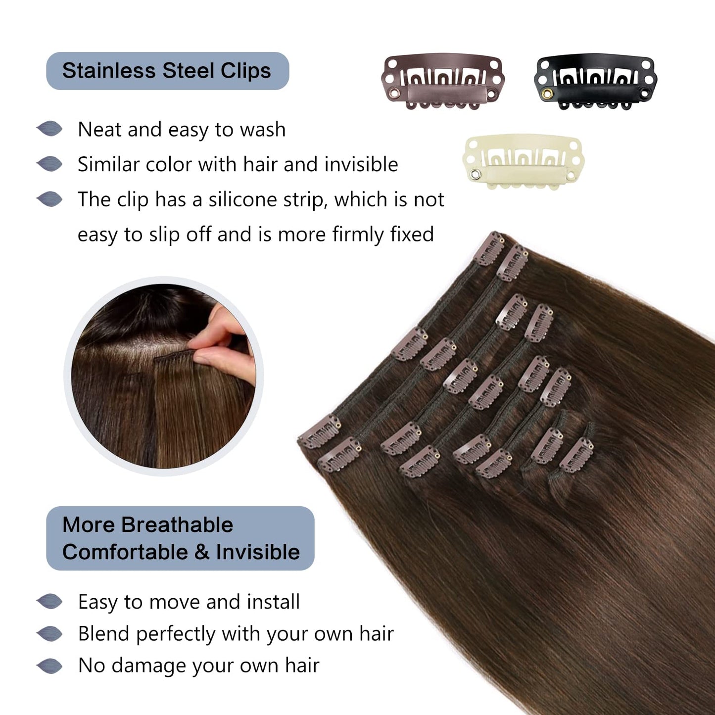 Sunya Clip-in Hair Extensions, 18 #4 Chocolate Brown, Real Human Hair, 8Pcs/120g, Straight, Clip-in Extension