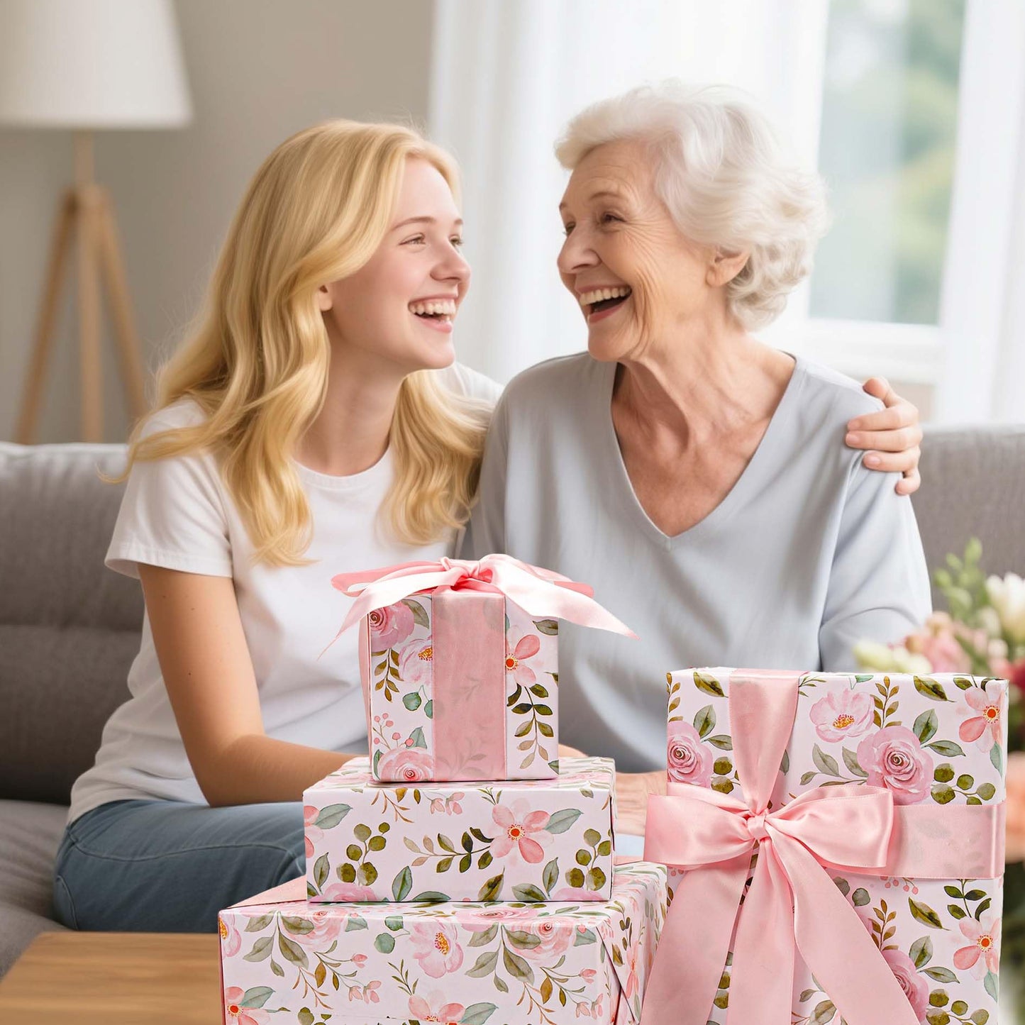BIOBROWN Reversible Floral Wrapping Paper Roll - 30 Inches X 33 Feet (82.5 sq. ft. ttl.) Pink Watercolor Roses Design Flower Gift Wrap for Wedding, Bridal Shower, Mother's Day