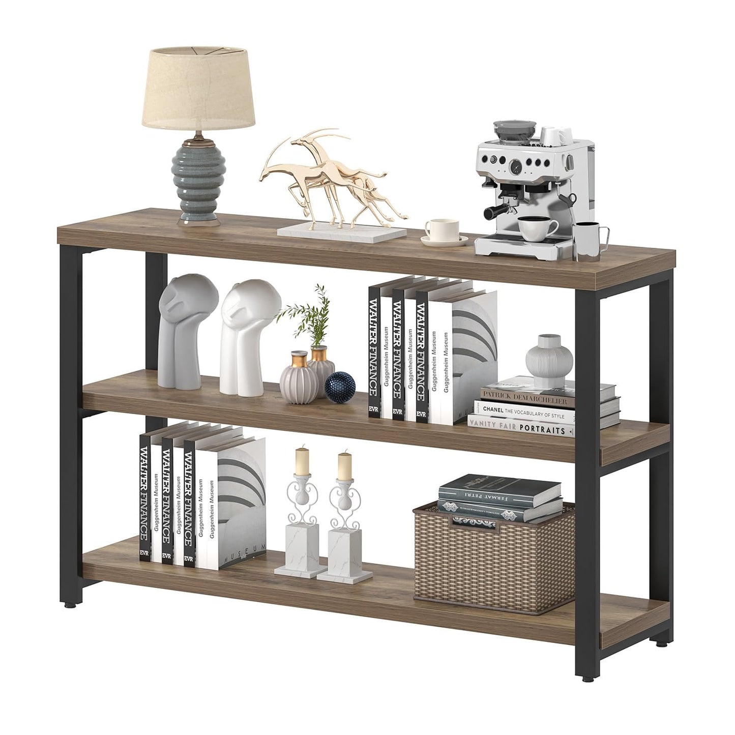 EXCEFUR 47 Inch Rustic Oak Wood Entryway Table, Modern Sofa Table Behind Couch for Living Room, Console Table with 3 Tier Shelves, Foyer Hallway Table with Storage