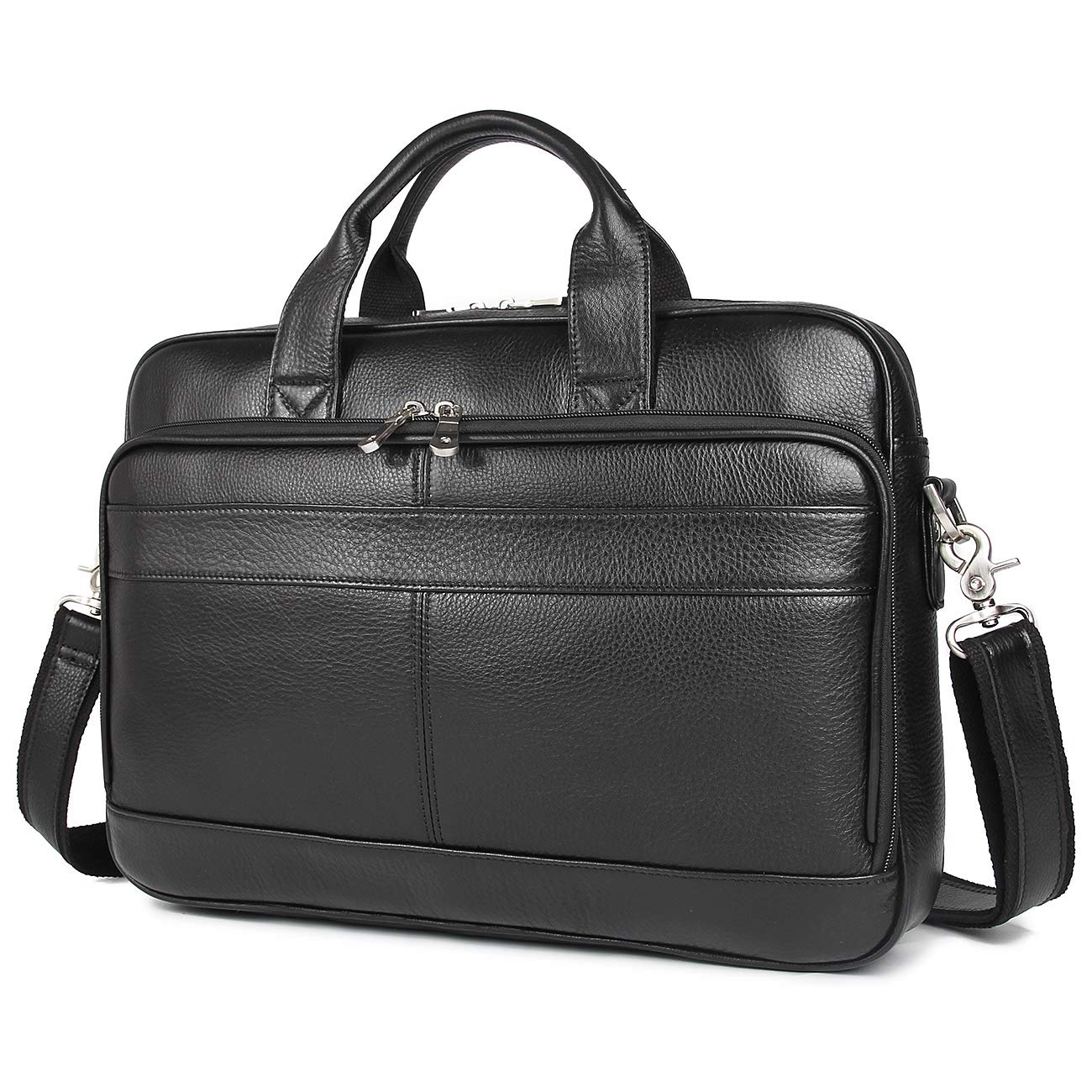 Augus Leather Briefcase for Men 16 inch laptop Bag Genuine Leather YKK Zipper Messenger Shoulder Bag for Work Black