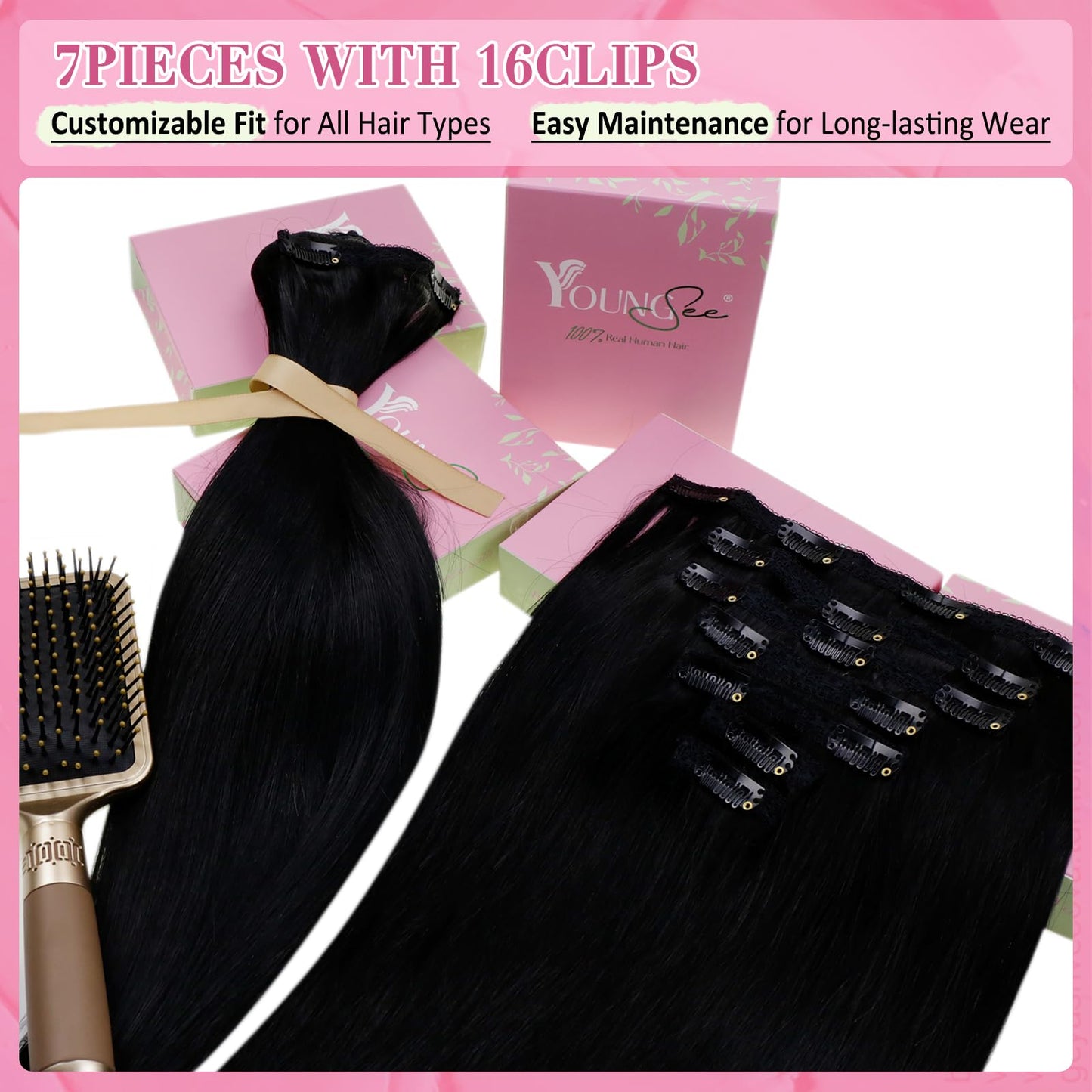 YoungSee 150G Black Clip in Hair Extensions Straight Hair Extensions Clip ins Black Clip on Hair Extensions Jet Black Clip on Ha