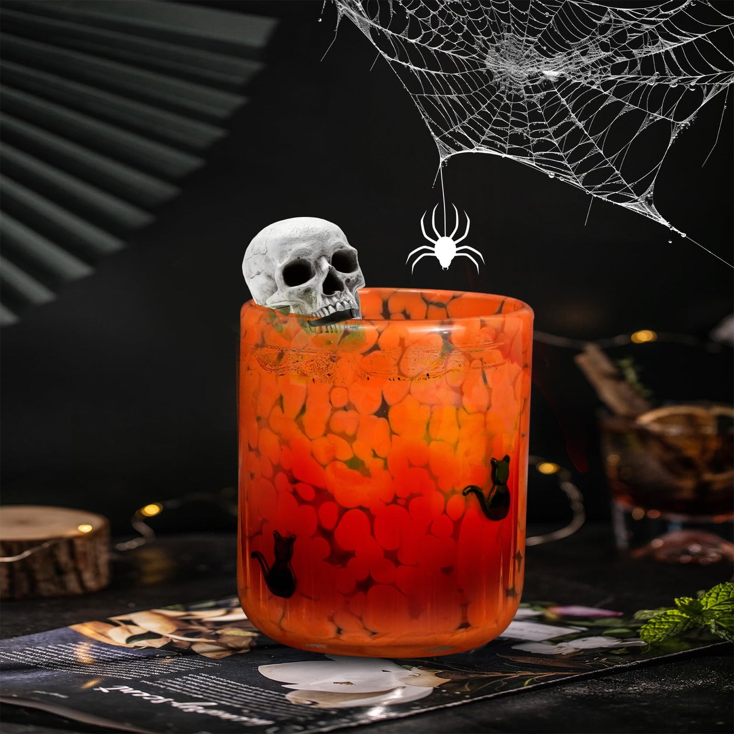 PRERUICHI 2 Pcs Halloween Icon Juice Glasses, 14oz Icon Stemless Drinking Glasses Set, Ideal for Gift & Halloween Party Drinkware (Cat & Moon)