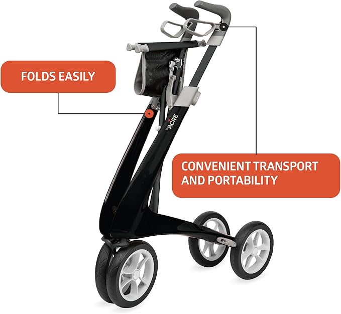 byACRE Carbon Ultralight Rollator Walker with Organizer Bag, Regular Track, 16.5" x 24" Seat (W x H), Black