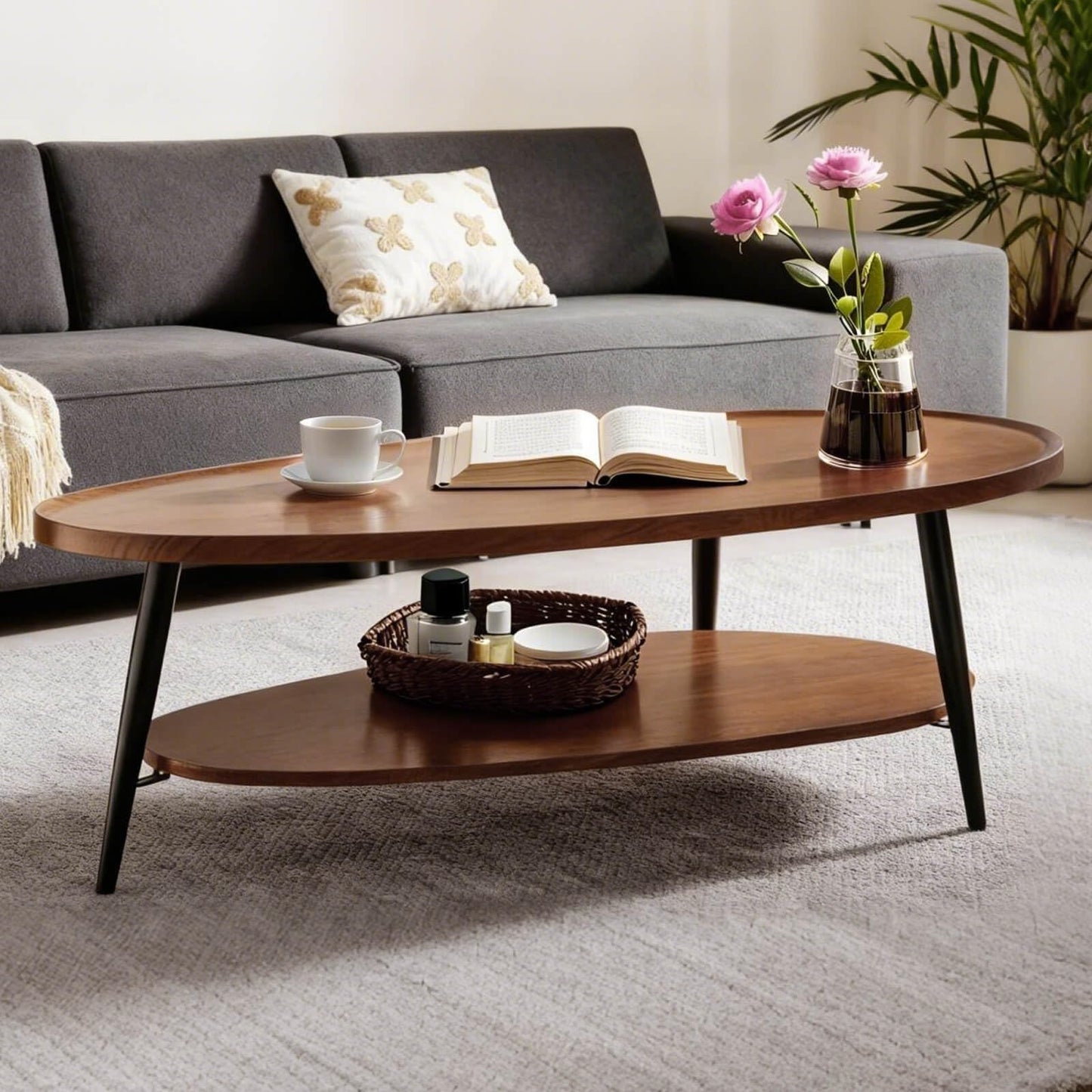 Hothingwell Oval Coffee Table for Living Room, 47" Walnut Mid Century Modern Coffee Table for Small Space, D47xW23.6xH15