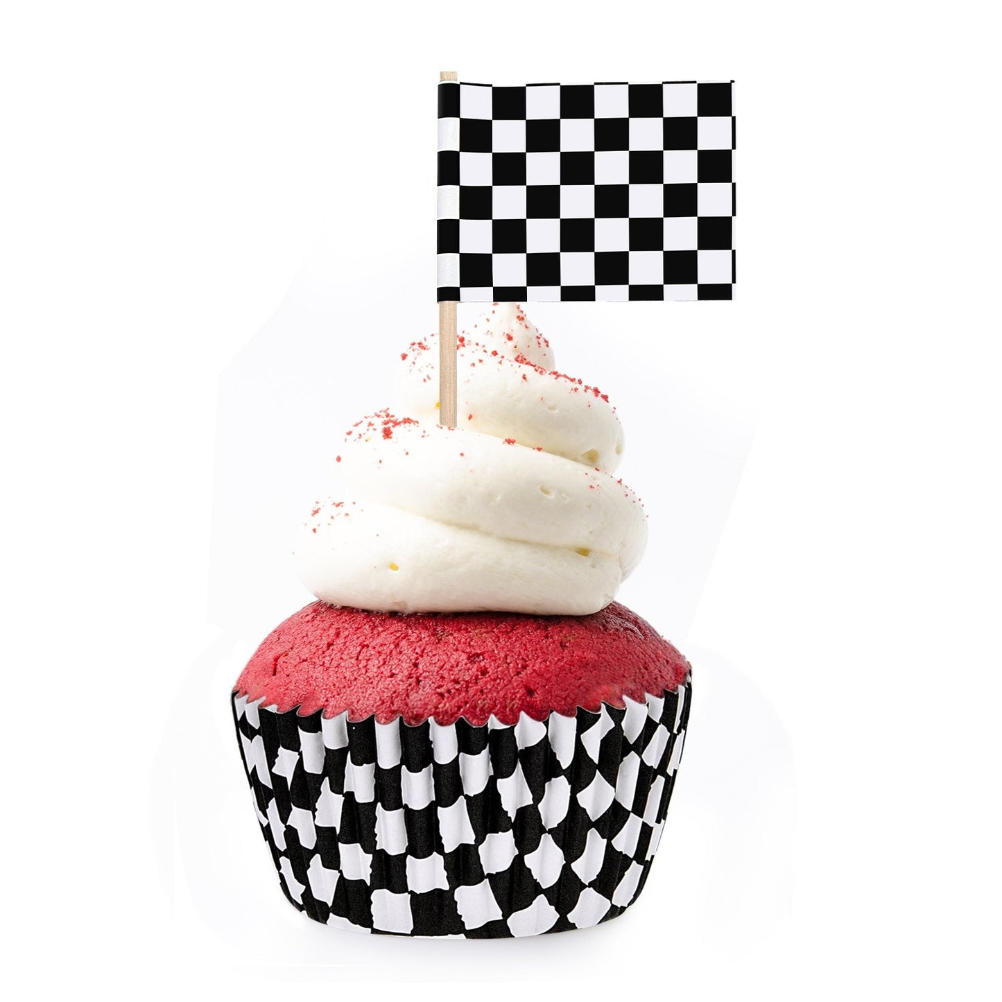 TecUnite 100 Pieces Checkered Flag Cupcake Wrapper Liner Racing Car Cupcake Toppers and 100 Pieces Checkered Flag Toothpicks Racing for Cake Decorations(Black and White)