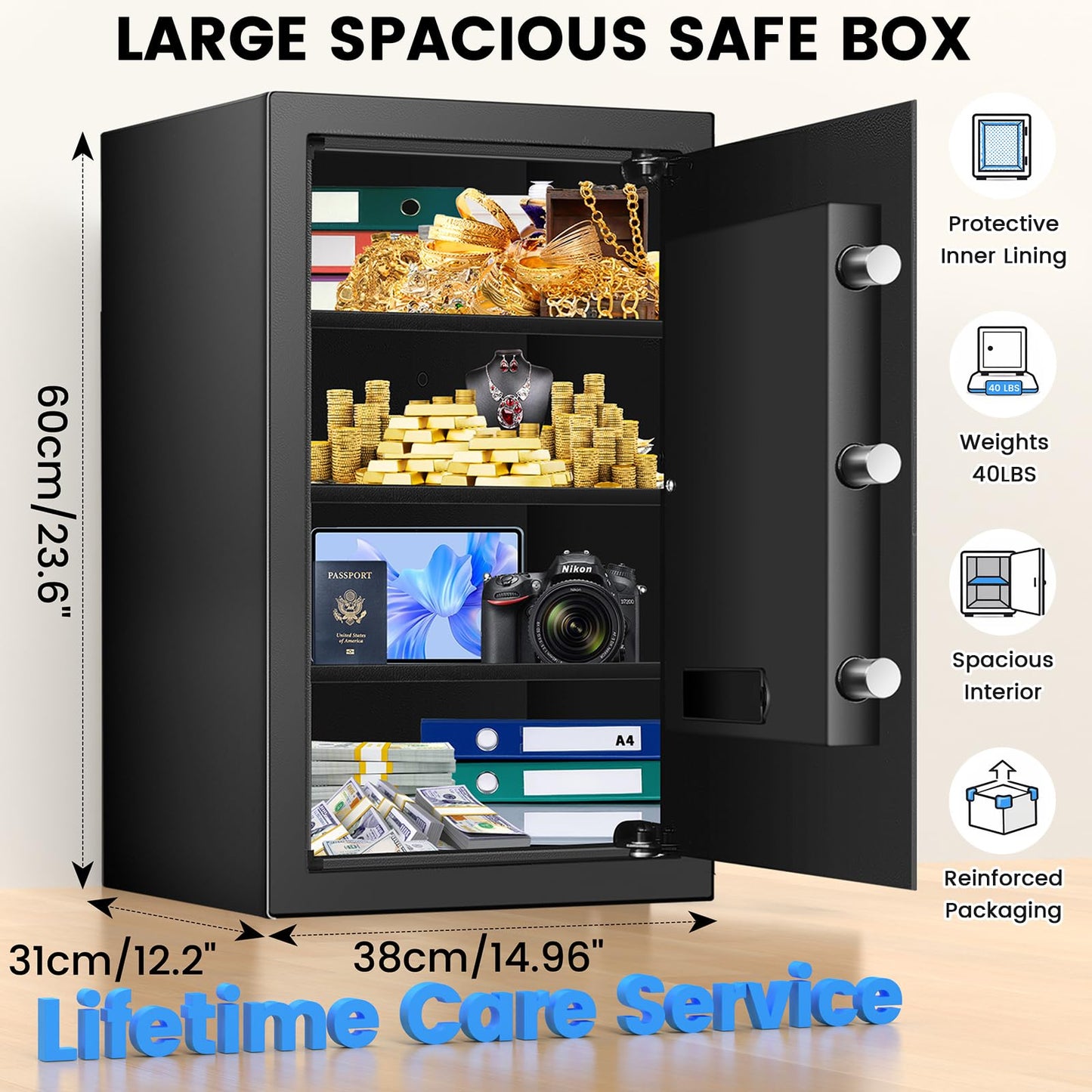 [23.6" Tall]Large Safe Box, 𝟒.𝟔 𝐂𝐮𝐟𝐭 Home Safes with Fireproof Waterproof Bag, Security Safes for Home with Programmable Keypad Key, Smart Alert, Mute Mode, Anti-theft Digital Safe for Valuables
