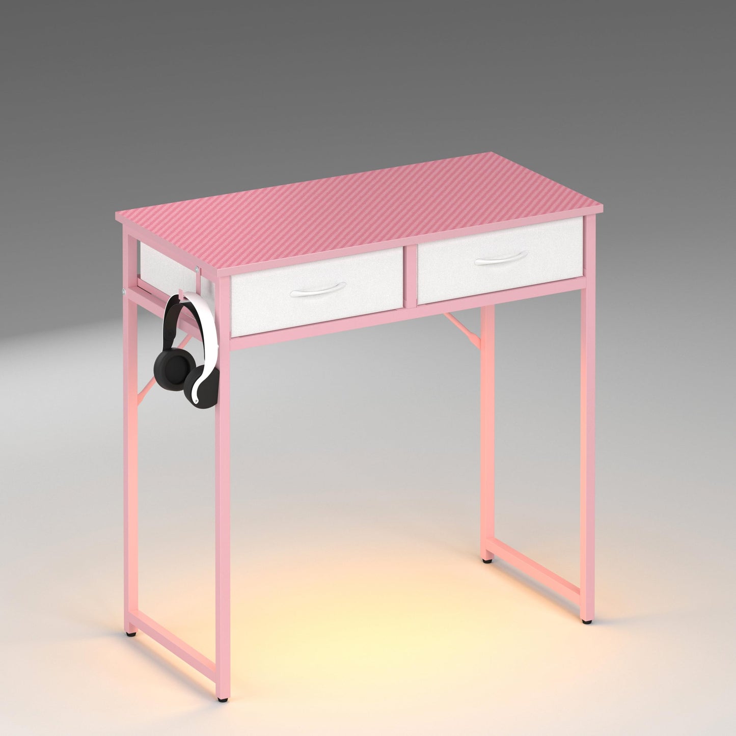 Pinmoco Small Desk with 2 Fabric Storage Drawers, Vanity Desk with LED Light, Home Office Computer Desk for Bedroom Small Spaces, Adjustable Feet, Pink