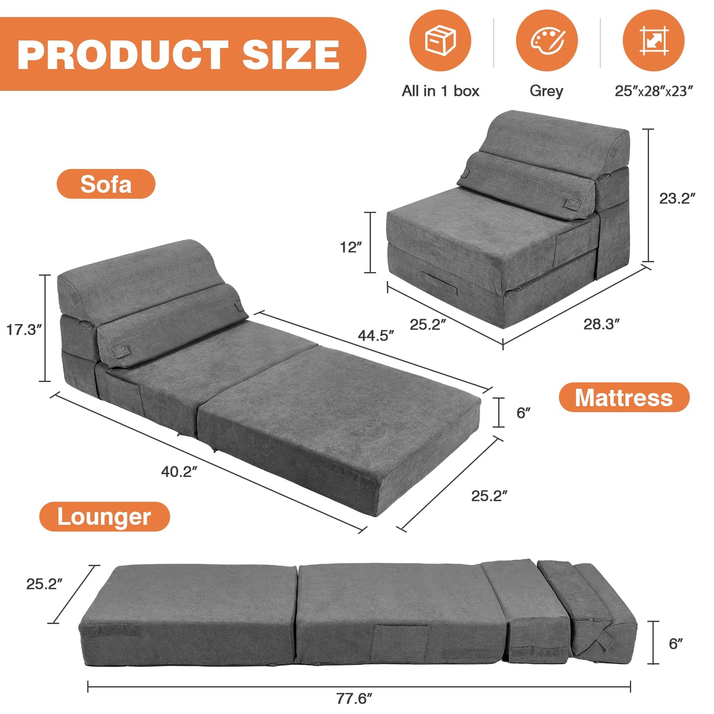 LitaiL Comfy Folding Sofa Bed - Grey Convertible Sleeper Sofa Fold Out Sleeper Chair Couch for Living Room Bedroom Guest, Foldable Floor Chair Lounger Mattress with Back Support for Travel, Camping