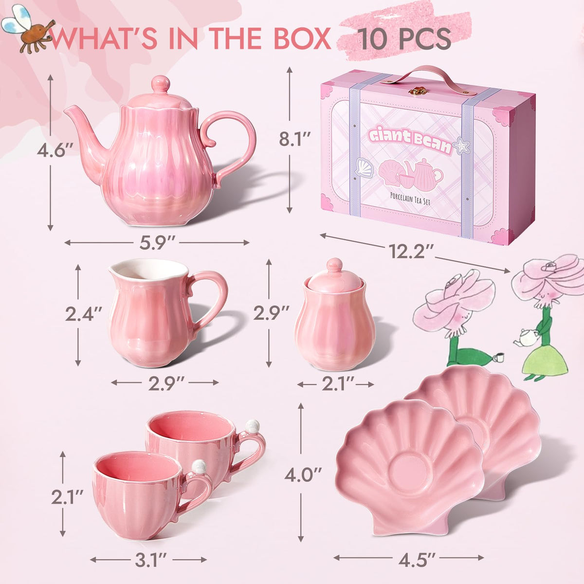 Giant bean Porcelain Tea Set, Pearl Pink Real Tea Party Set for Little Girls, British Royal Princess Series Teapot & Cup & Saucer & Sugar Bowl & Suitcase, for Little Kids Toddlers