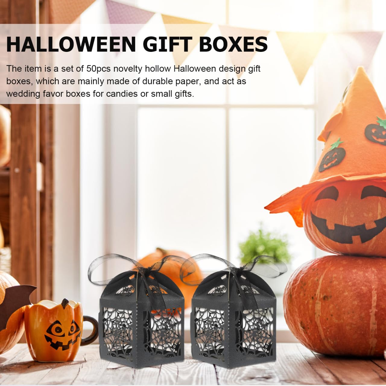 BESTOYARD 50Pcs Halloween Hollow Die-Cut Favor Boxes - Wedding Candy Boxes with Ribbons for Party Candy Packaging, 2X2 Inches