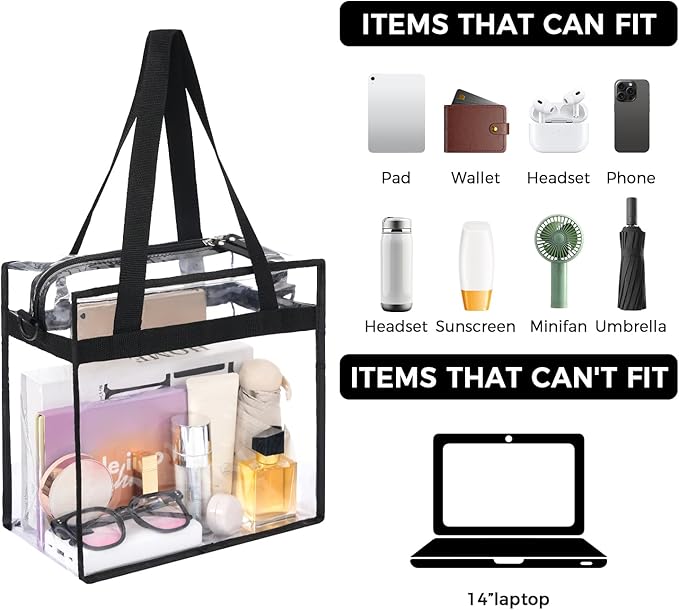 BAGAIL Clear Bags 12x6x12 Stadium Approved Clear Tote Bag with Zipper Closure Crossbody Shoulder Bag with Adjustable Strap