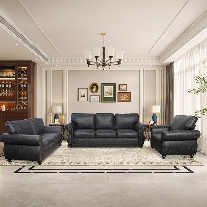 Couchus Living Room Furniture Sets,Sofa Sets and Couch Sets for Living Room,Mid-Century Vintage Sofa Couches with Rivet Design (Grey, Single+Loveseat+3 Seater)