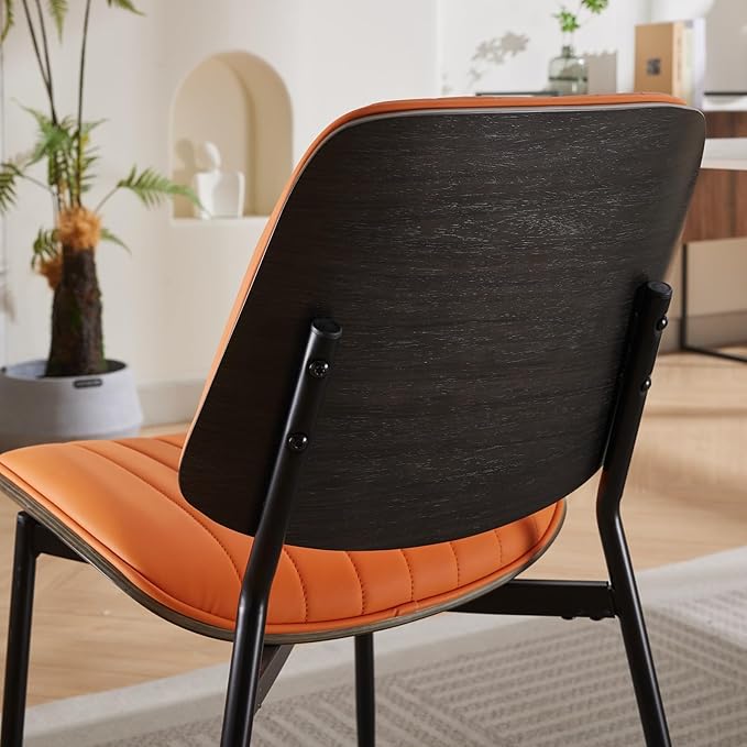 YaFiti Dining Chairs Set of 8, Mid Century Modern Accent Dining Room and Kitchen Chairs, Upholstered PU Leather Vertical Stripe Chairs for Vanity with Walnut Bentwood and Metal Legs, Orange