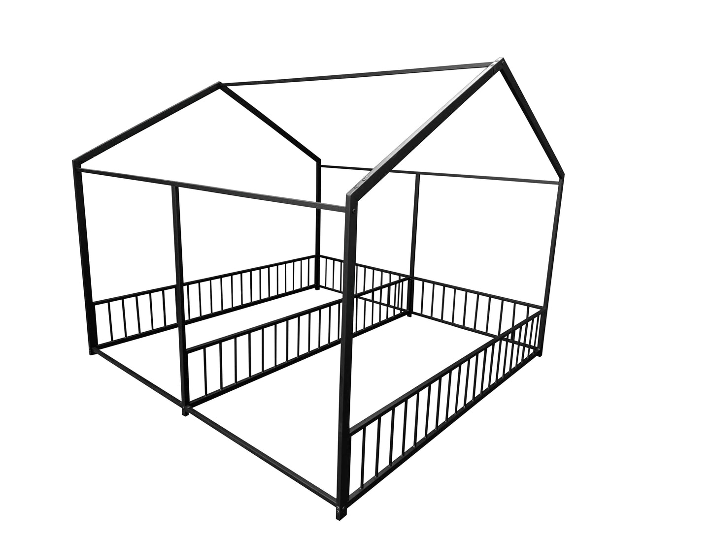 PVWIIK Double Montessori Floor Bed with Fence & Roof for Two Kids Teens Boys Girls,Twin Floor Bed,Easy Assemble,No Box Spring Needed, Black