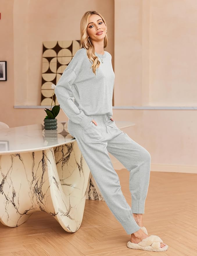 Ekouaer Women's 2 Piece Lounge Set Long Sleeve Knit Pajamas Sweatsuit Jogger Pant Outfits With Pockets S-XXL