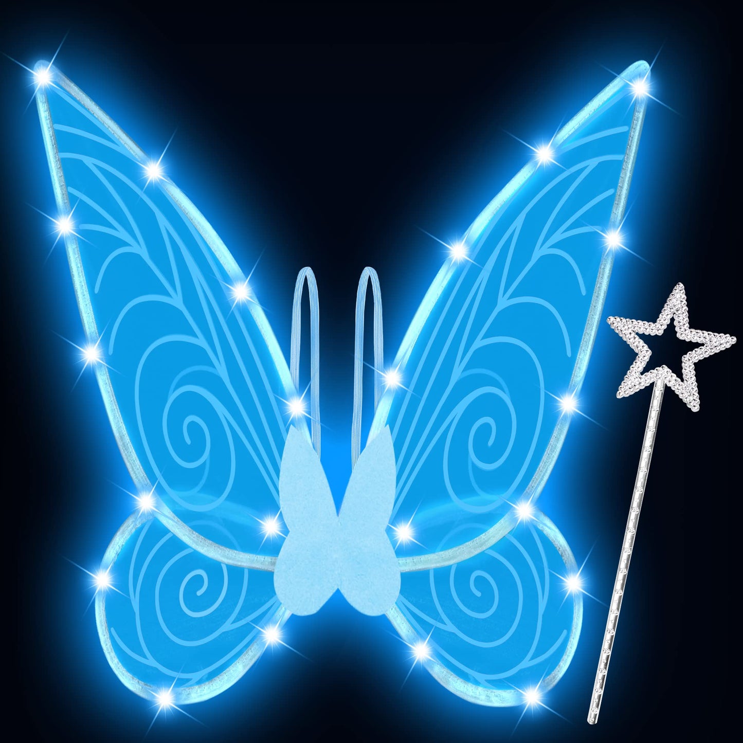 U-Goforst Light Up Fairy Wings for Adults- Butterfly Wings for Girls Women, Halloween Costume Cosplay Dress Up, Sparkly LED Wings with Wand, Blue with Blue Light