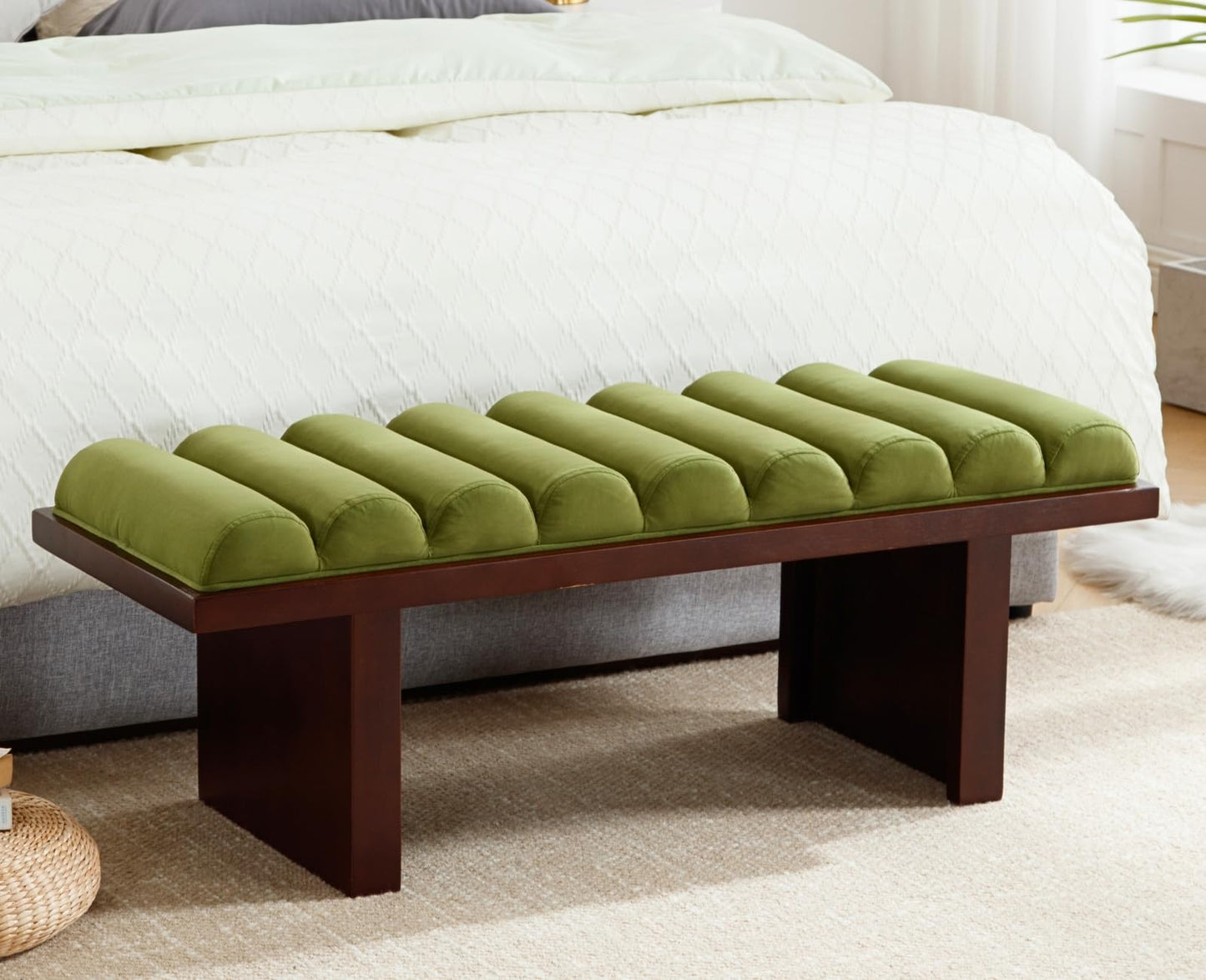 ROCITY Green Velvet End of Bed Bench Upholstered Modern Ottoman Bench Comfy Padded Entryway Bench Seat with Thick Cylindrical Cushion, Wooden Window Bench for Bedroom/Living Room, 47 Inch