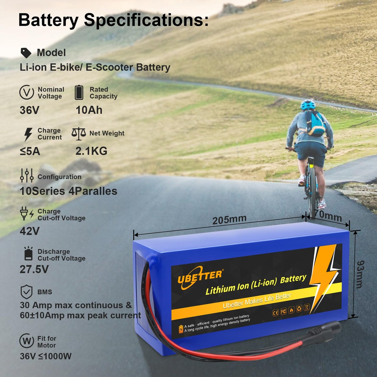 QTQ 36V 48V Ebike Battery, 8Ah 10AH 14AH 20AH Electric Bike Battery with 2A Charger, for 0-1000W Electric Bicycle Scooter Motor (36V 10Ah with Charger)