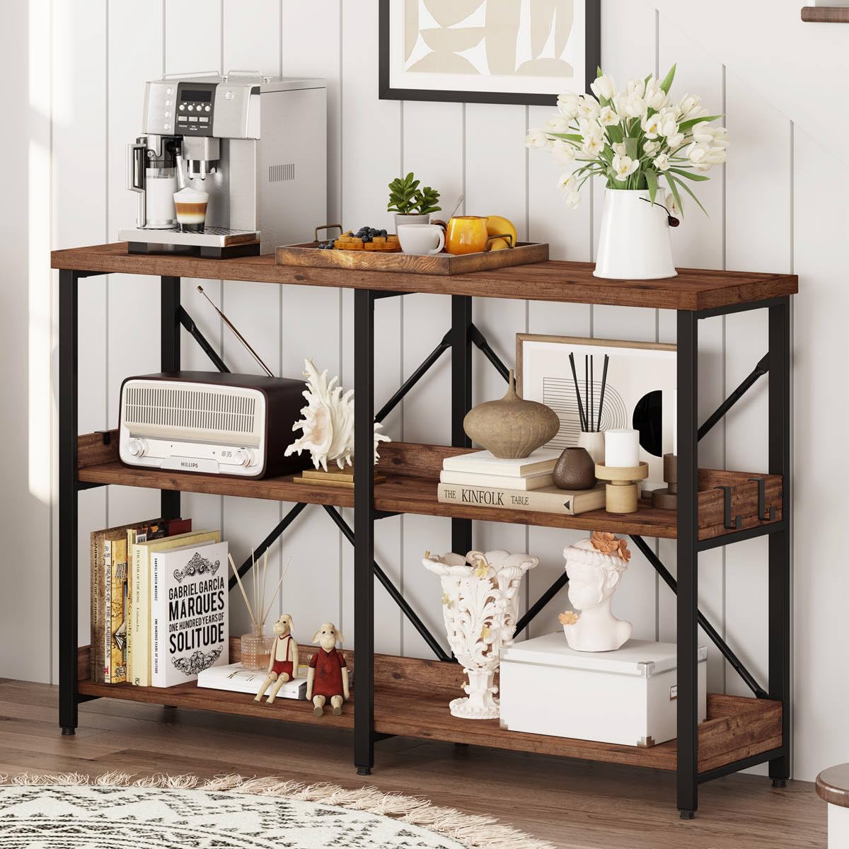 BON AUGURE Rustic Console Table with Shelves, 3 Tier Sofa Table Behind Couch for Living Room, Wood Metal Entryway Tables for Hallway, Foyer, Entrance (47 Inch, Rustic Oak)