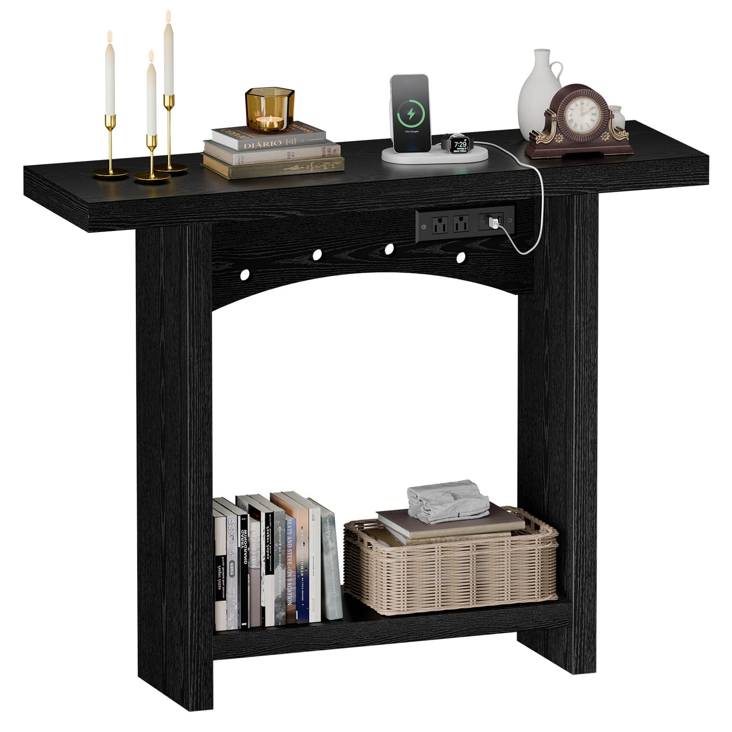 REDAYFUR 43" Console Table with Charging Station, Entryway Table 2-Tier Storage & Power Outlets or Hallway & Living Room, Perfect as Sofa Table Behind Couch, Sturdy Thickened Board & Anti-Tip