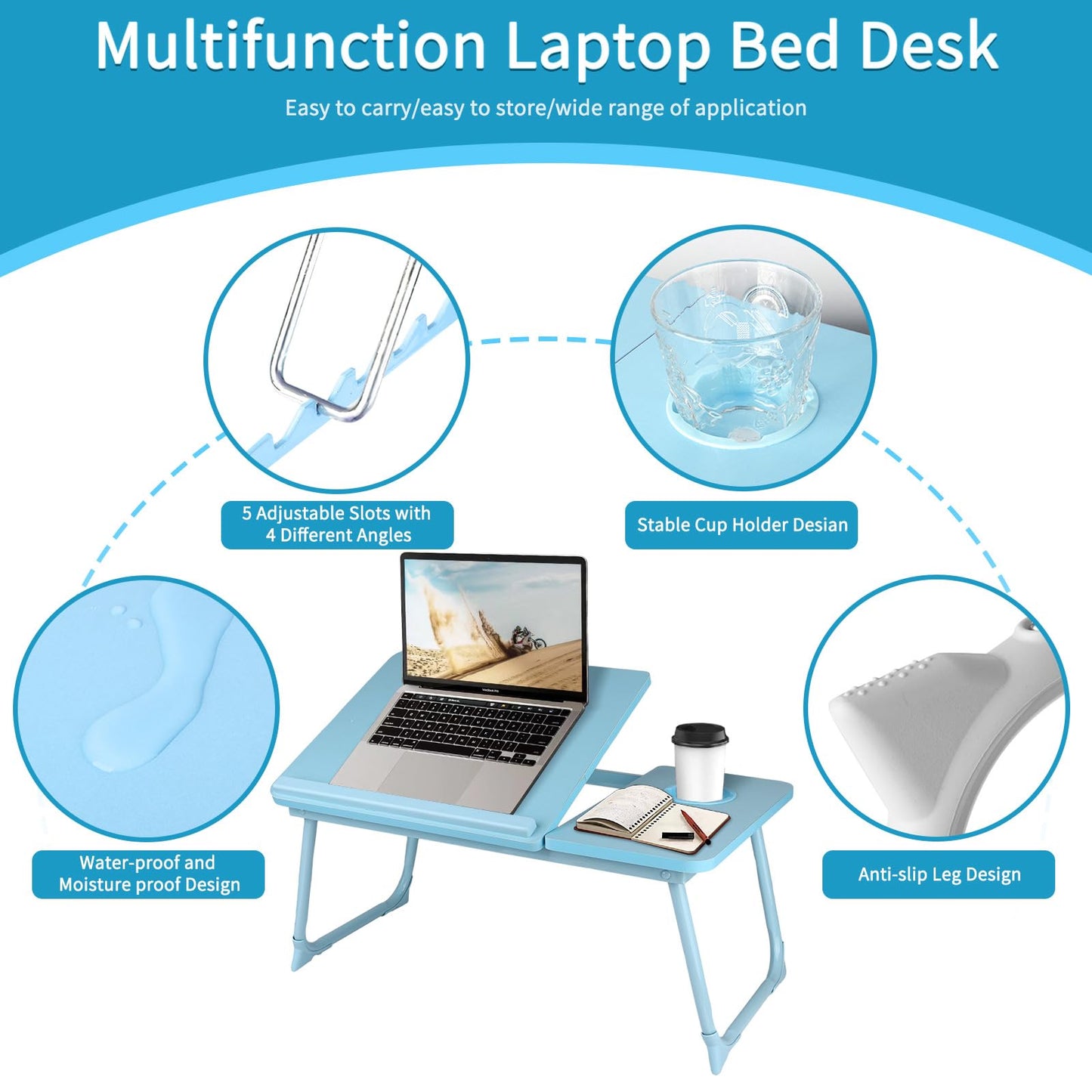 CloudTrip Laptop Desk for Bed or Couch, Lap Desk, Home office Desks, Breakfast Tray Desk, Desk with Cup Holder, Watching Movies in Bed, laptop stand for bed, Lap Desk, Fordable Legs Desk (blue) (Blue)